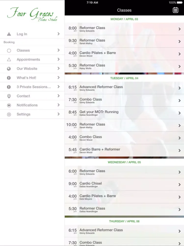 Capturas de tela do Four Graces Pilates Studio iPad 