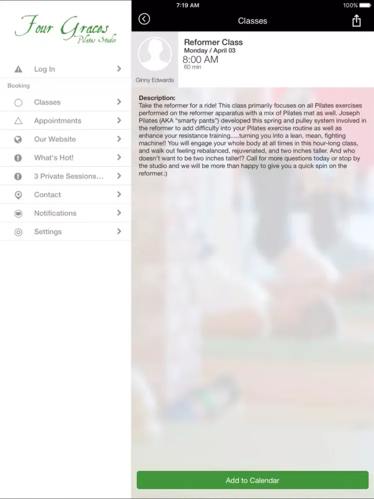 Capturas de tela do Four Graces Pilates Studio iPad 