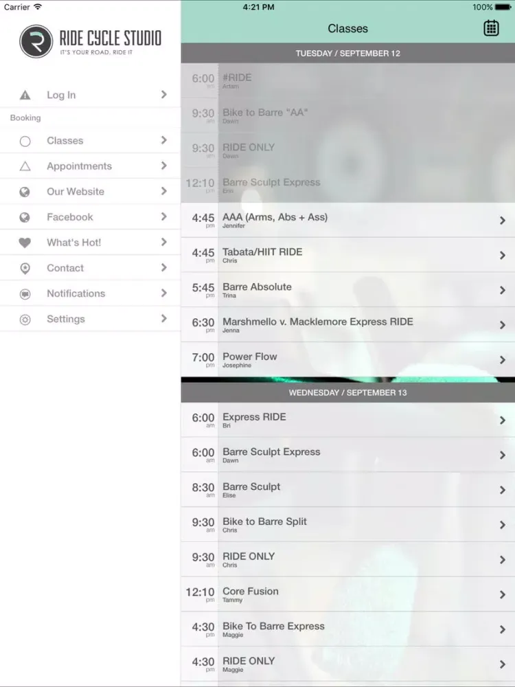 Tangkapan layar RIDE CYCLE STUDIO iPad 