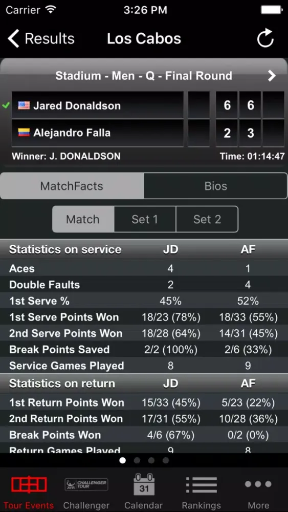 Capturas de tela do ATP/WTA Live