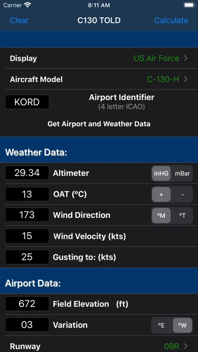 C130 TOLD Calculator: T56-A-15 Screenshots
