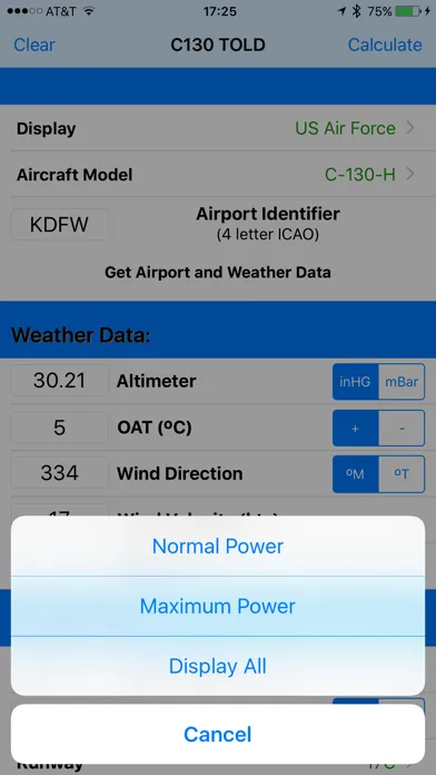 C130 TOLD Calculator: T56-A-15 Screenshots