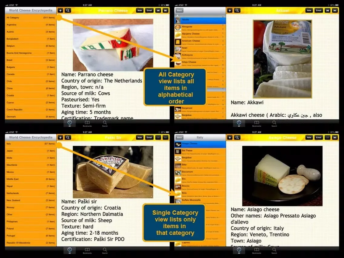 ภาพหน้าจอของ World Cheese Encyclopedia iPad 