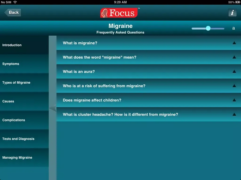 Tangkapan skrin Migraine FAQ iPad 