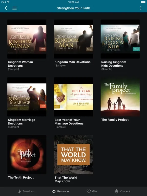 Tangkapan layar Focus on the Family App iPad 