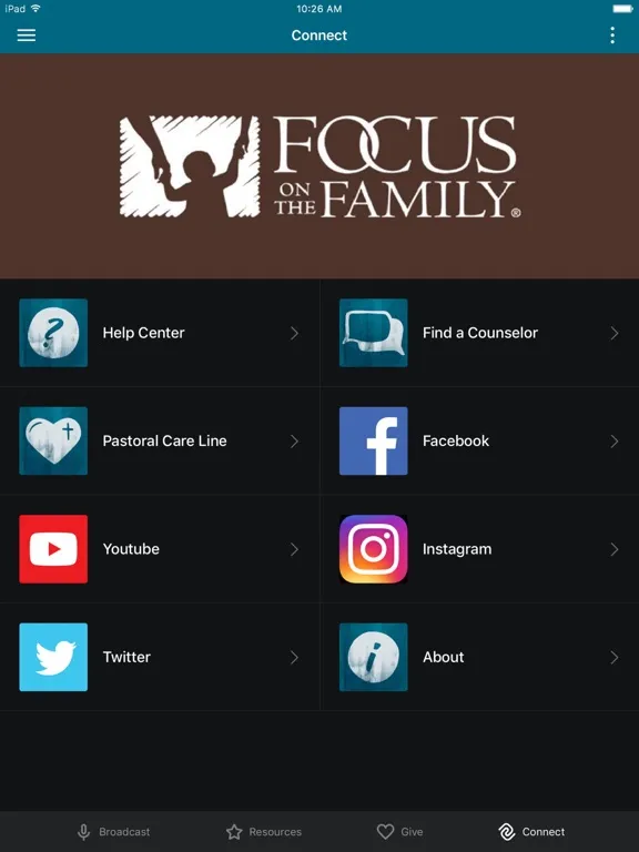 Tangkapan layar Focus on the Family App iPad 