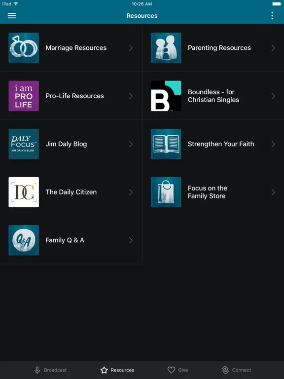 Tangkapan layar Focus on the Family App iPad 