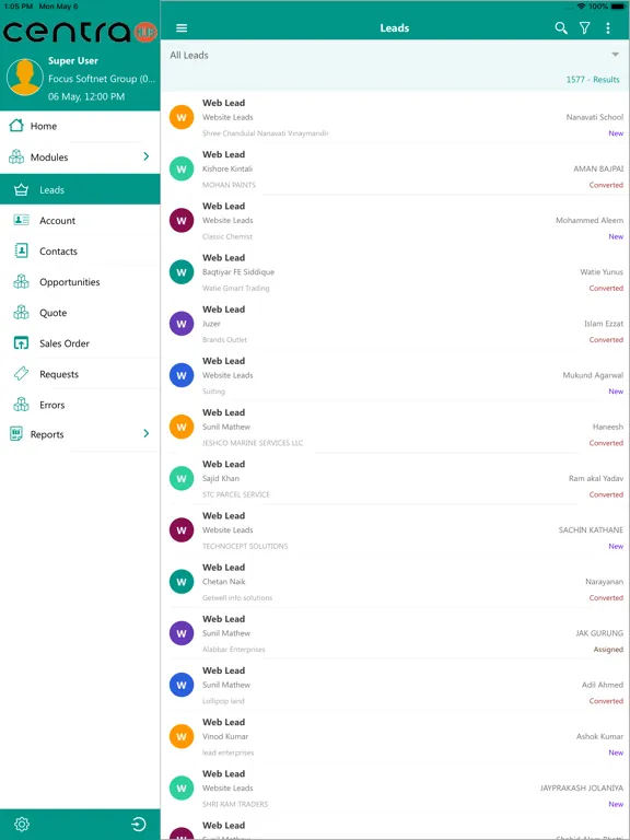 Ảnh chụp màn hình của Centra CRM iPad 