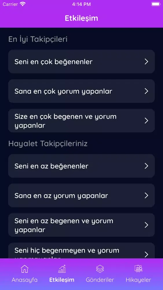 Tangkapan skrin MyProfil - Takipçi Analizi