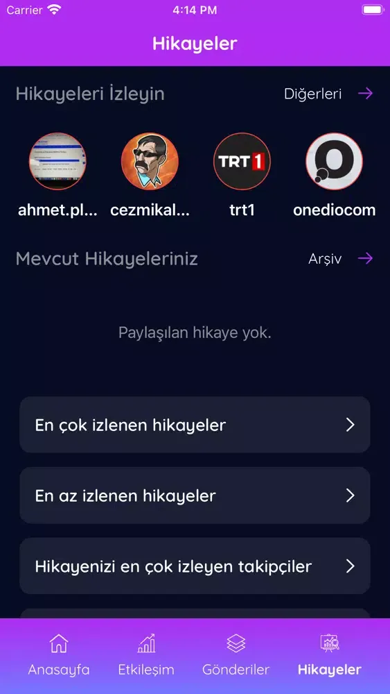 Tangkapan skrin MyProfil - Takipçi Analizi