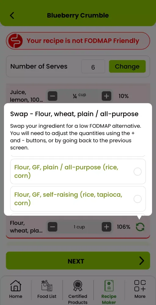 Tangkapan skrin FODMAP Friendly