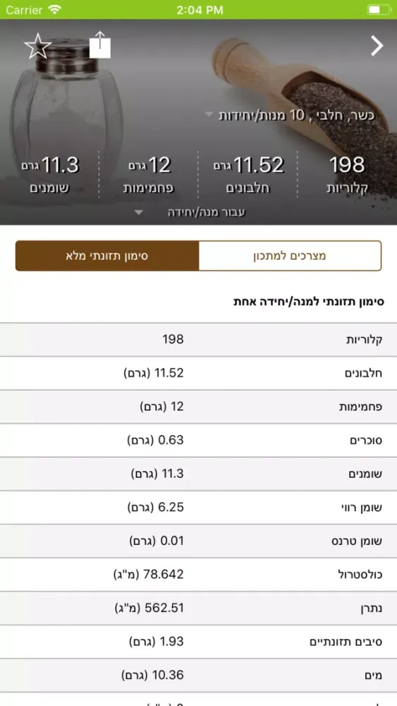 Tangkapan layar אנלייזר, מנתח מתכונים