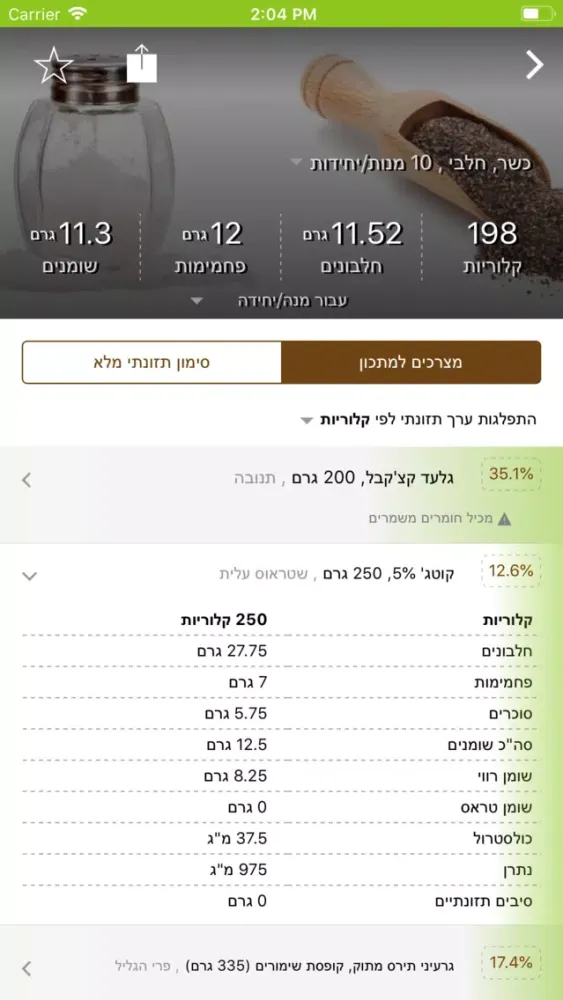Tangkapan layar אנלייזר, מנתח מתכונים