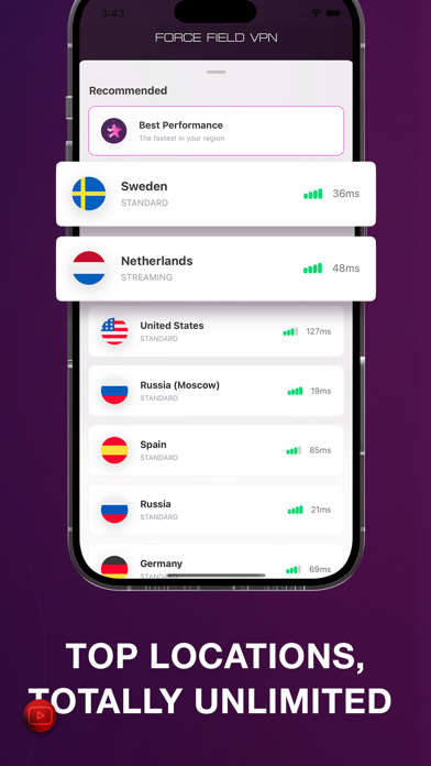 Tangkapan layar VPN Force Field - turbo fast