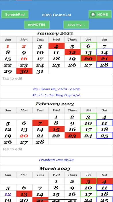 Captures d'écran de 2023 ColorCal USPS calendar