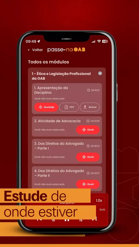 Capturas de tela do Passe na OAB