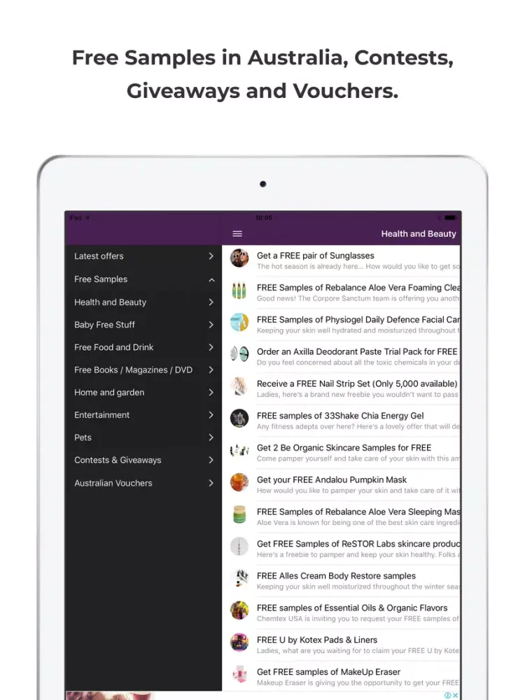 Capturas de tela do Free Samples Australia iPad 