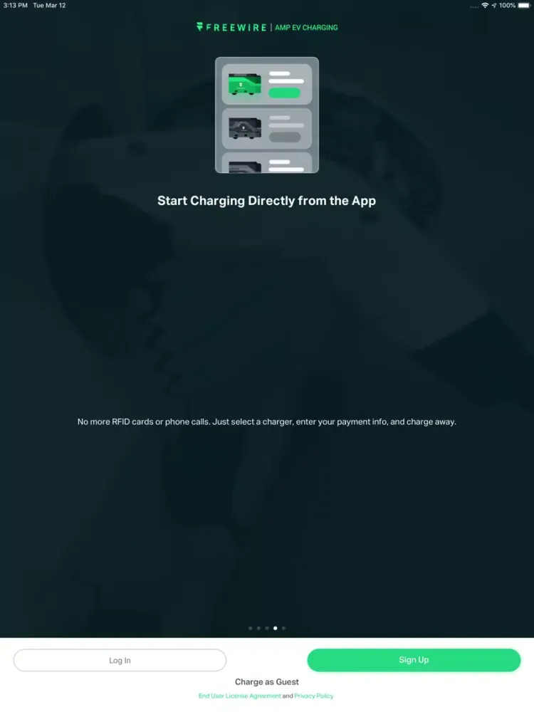 Ảnh chụp màn hình của FreeWire AMP EV Charging iPad 