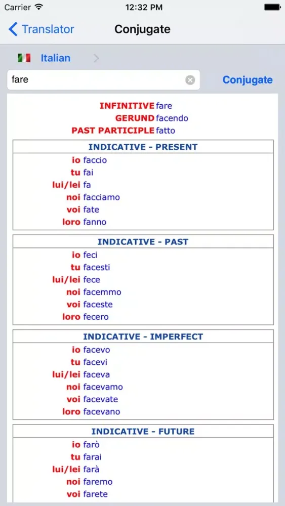 Capturas de tela do Verb Conjugation