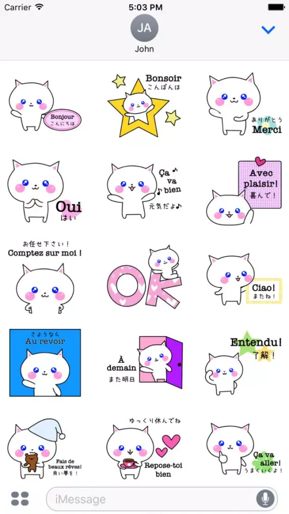 تصاویر Sticker of the white kitty in French and Japanese
