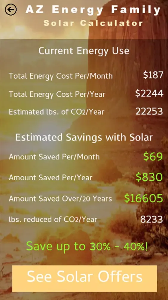 AZ Solar Savings Calculator Screenshots