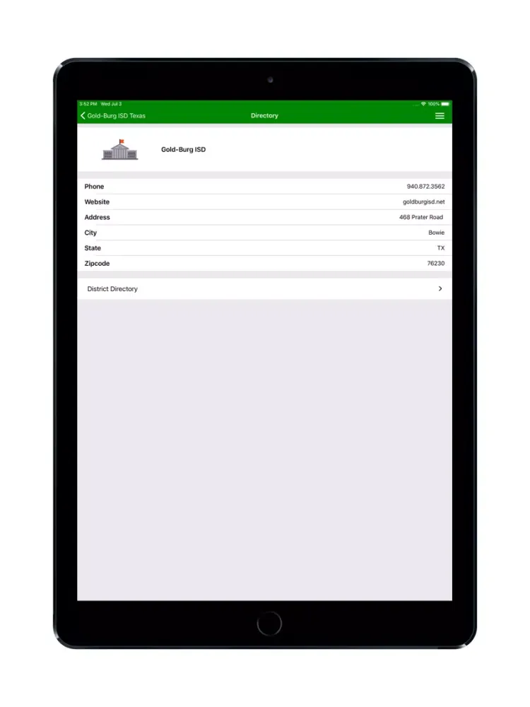 Tangkapan skrin Gold-Burg ISD Texas iPad 