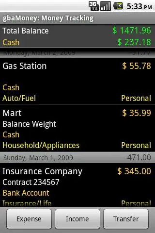 gbaMoney Money Tracking Screenshots