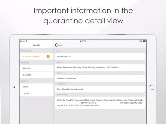 Tangkapan skrin iQ.Suite Quarantine iPad 