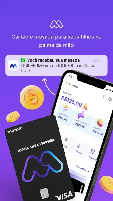 Capturas de pantalla de Mozper: mesada, cartão e PIX