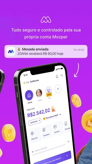 Capturas de pantalla de Mozper: mesada, cartão e PIX