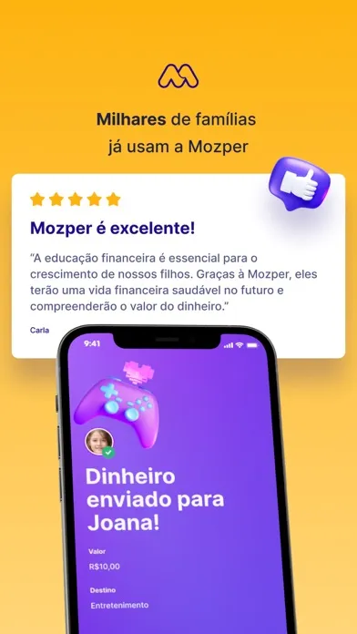 Capturas de pantalla de Mozper: mesada, cartão e PIX