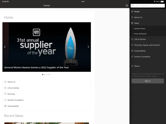Tangkapan layar My Gentex iPad 