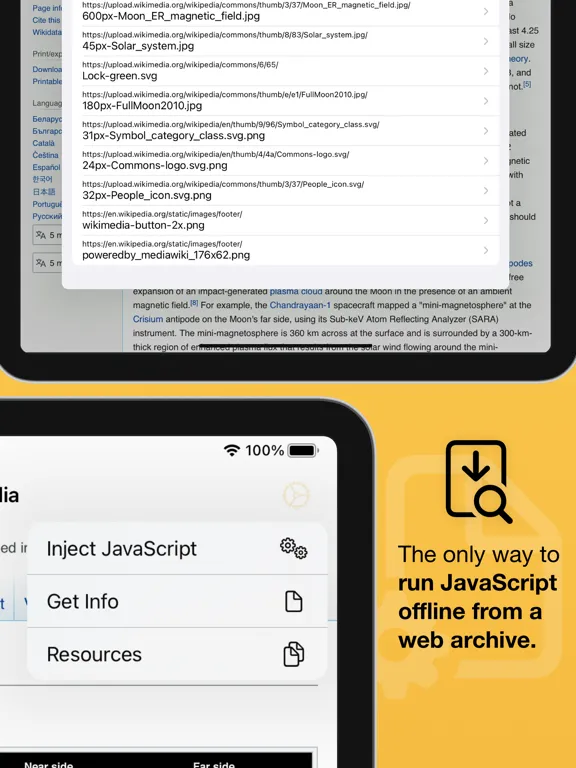 Capturas de tela do Web Archive Inspector iPad 