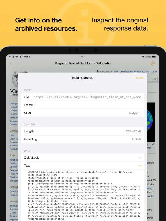 Capturas de tela do Web Archive Inspector iPad 