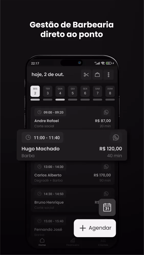 Capturas de tela do Gestão de Barbearia
