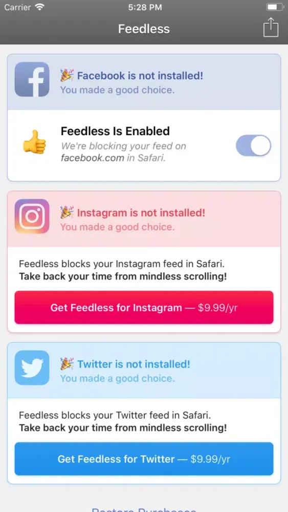Tangkapan layar Feedless — Newsfeed Blocker