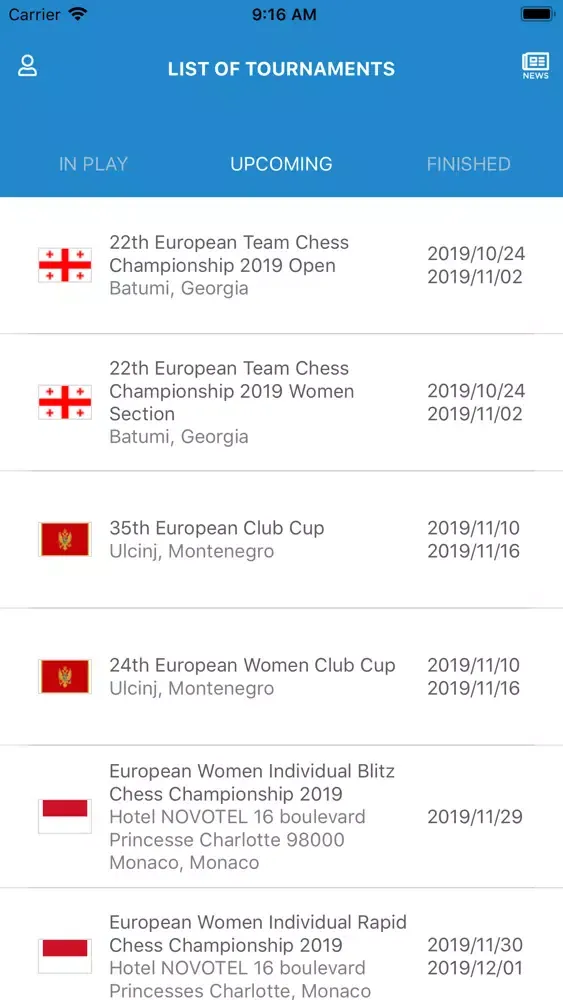 Capturas de tela do European Chess Union