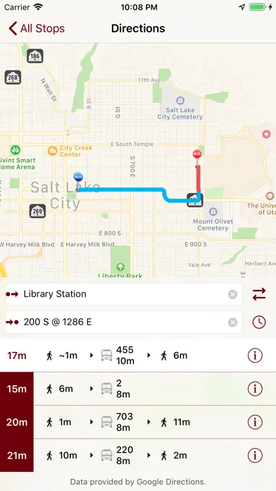 Ảnh chụp màn hình của UTA BusTrack