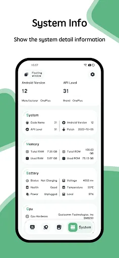 Capturas de tela do System Monitor Cpu Ram Battery