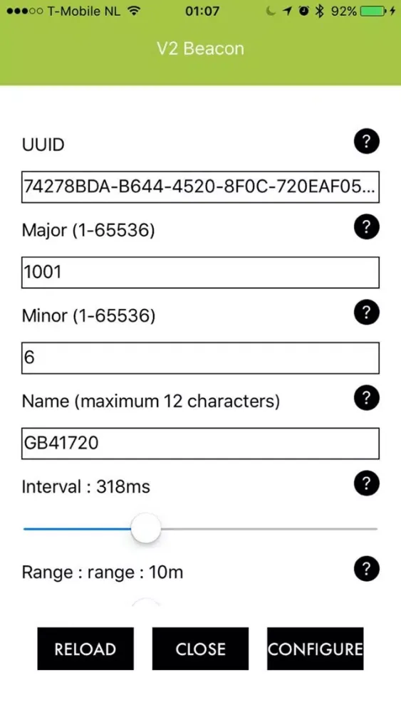 Ảnh chụp màn hình của Glimworm Beacons Configuration App