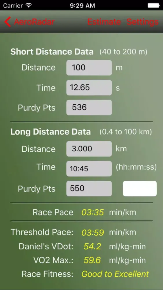 Zrzuty ekranu AeroRadar - Race Performance & Training Estimation