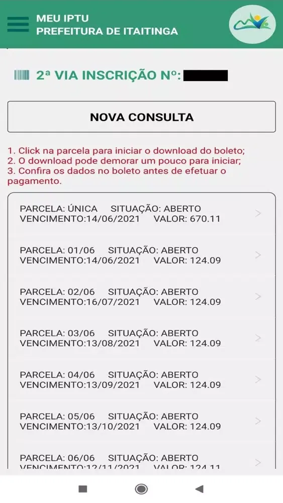 Capturas de tela do IPTU Itaitinga