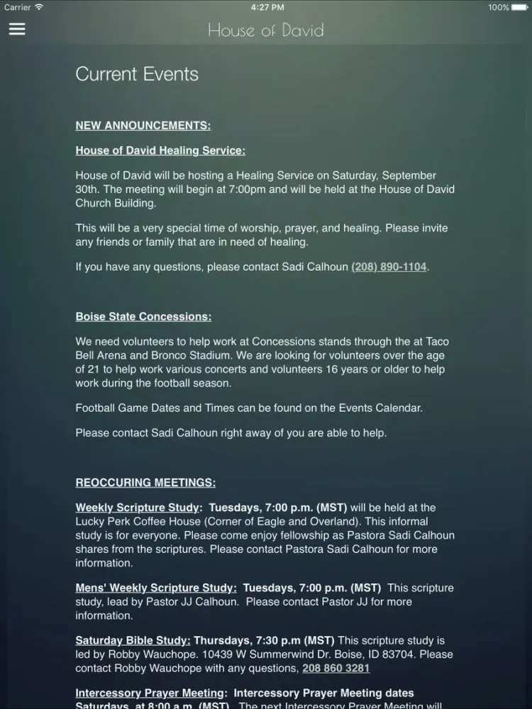 Tangkapan layar House of David Ministries iPad 
