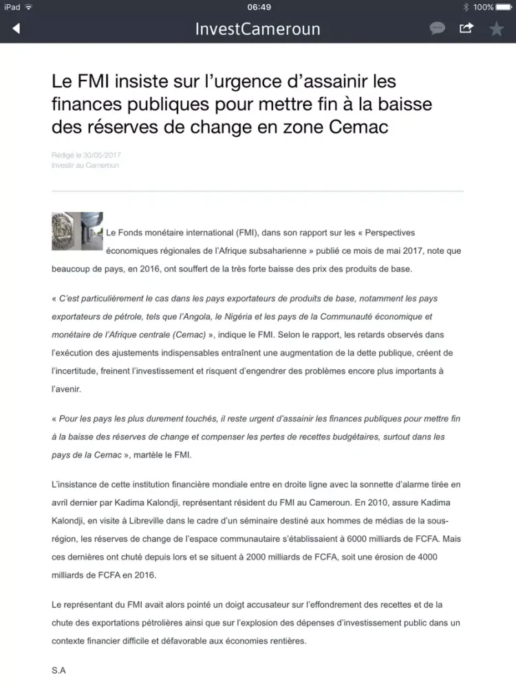 Tangkapan skrin Investir au Cameroun Business in Cameroon iPad 