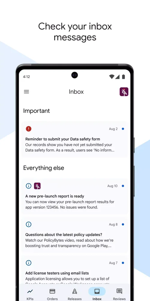 Screenshot di Google Play Console