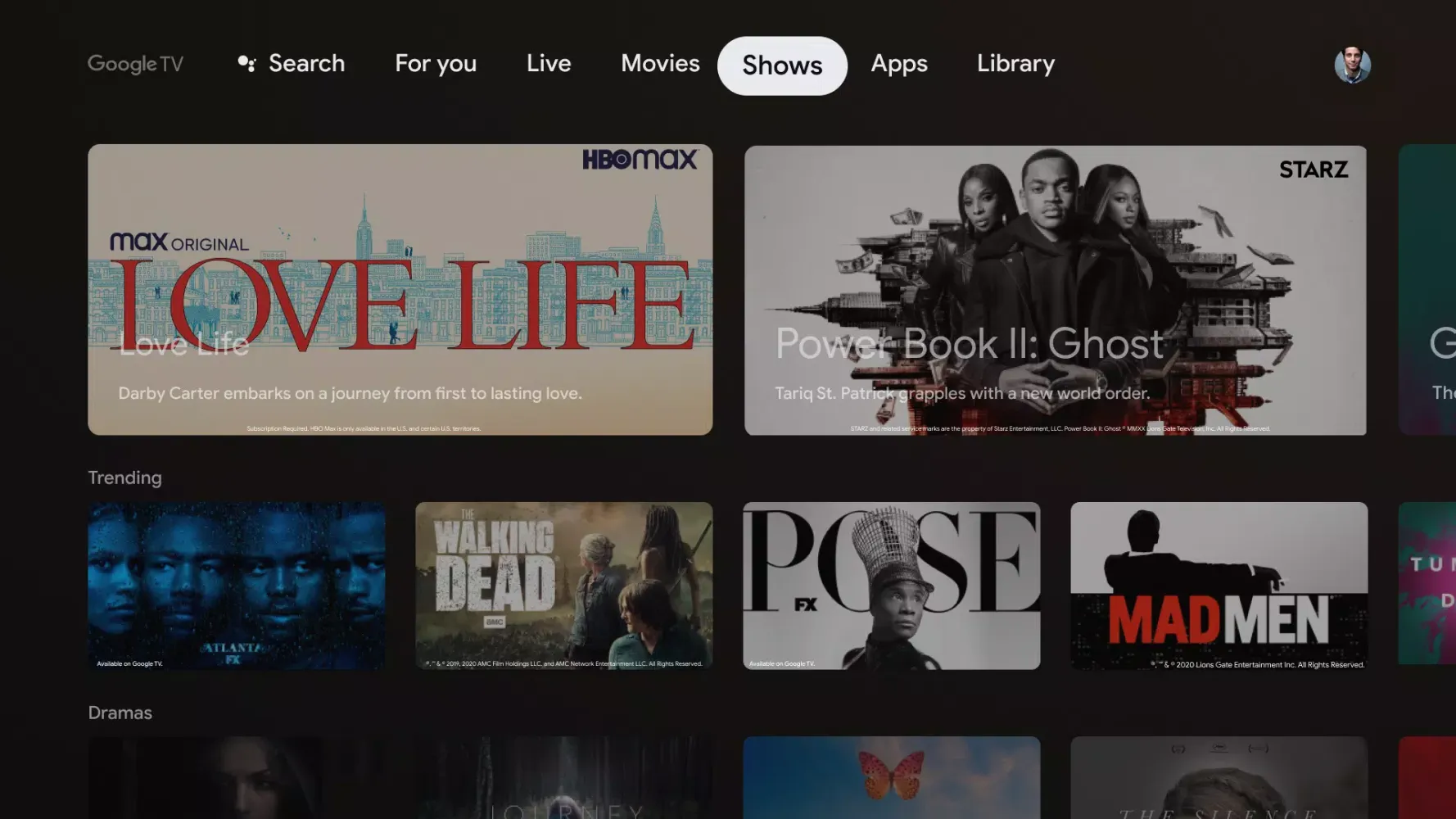 Capturas de tela do Google TV Home
