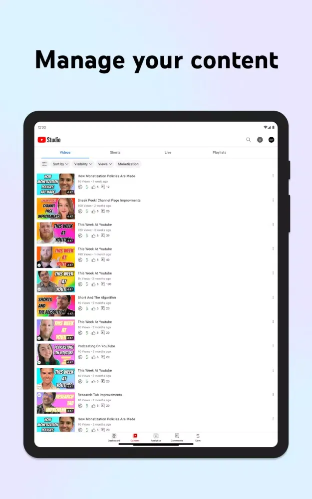 Screenshot di YouTube Studio