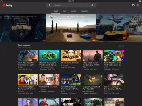 YouTube Gaming iPad  スクリーンショット