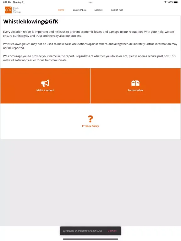 Capturas de tela do Whistleblowing@GfK App iPad 