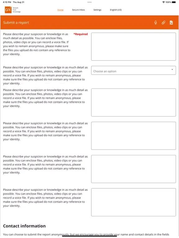 Capturas de tela do Whistleblowing@GfK App iPad 